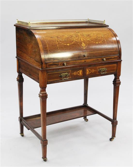 A late Victorian marquetry inlaid rosewood cylinder desk, W.2ft 2in.